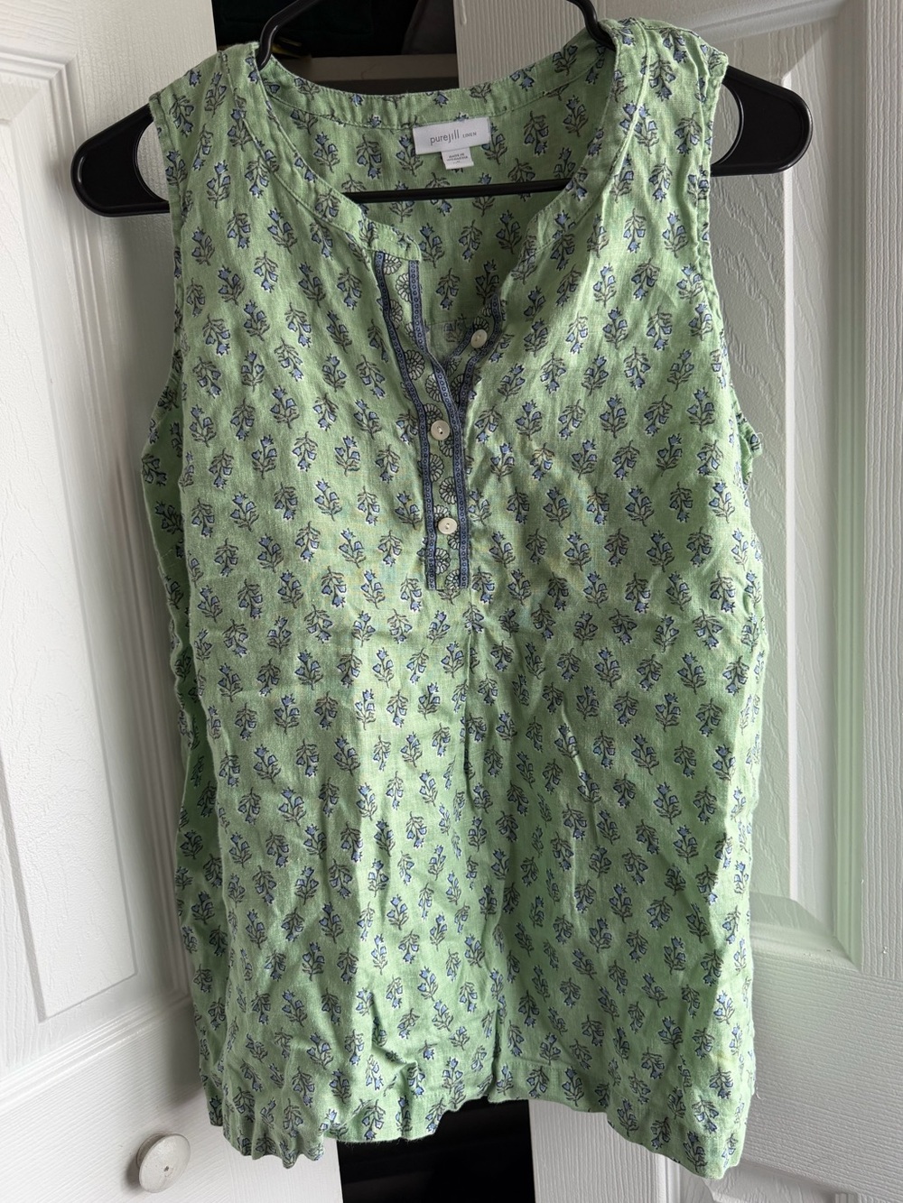 PureJill Sleeveless Green Floral Print Linen Tunic